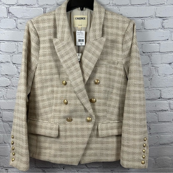 L’AGENCE Kenzie Double Breasted Blazer Shoulder Pads Ecru-Gold Check 16 NWT - Picture 2 of 13